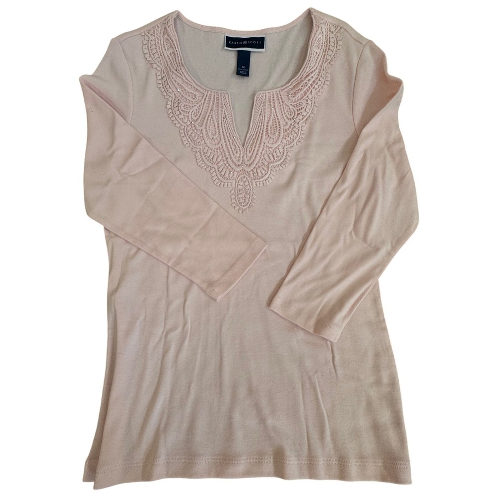 Karen Scott Pink Cotton Crochet Lace Rhinestone V-Neck 3/4 Sleeve Top Medium